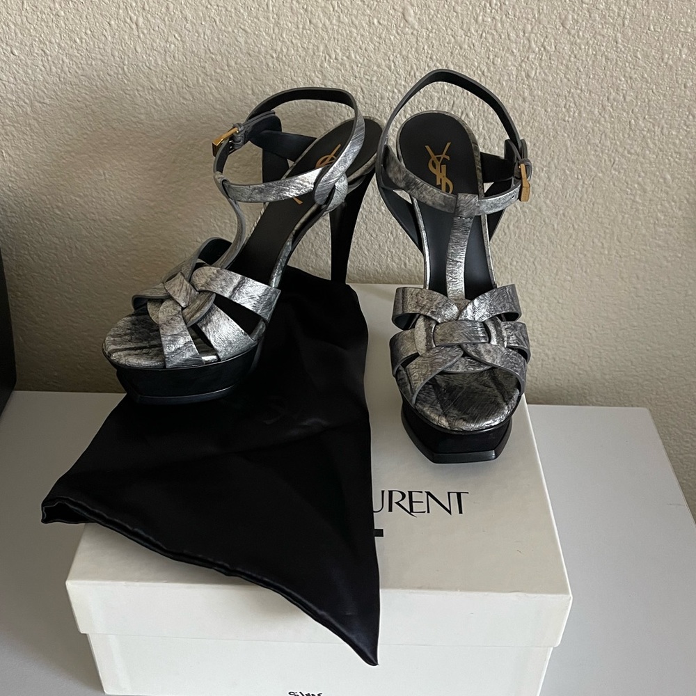 YSL silver textured leather suede Tribute Platform Sandal.